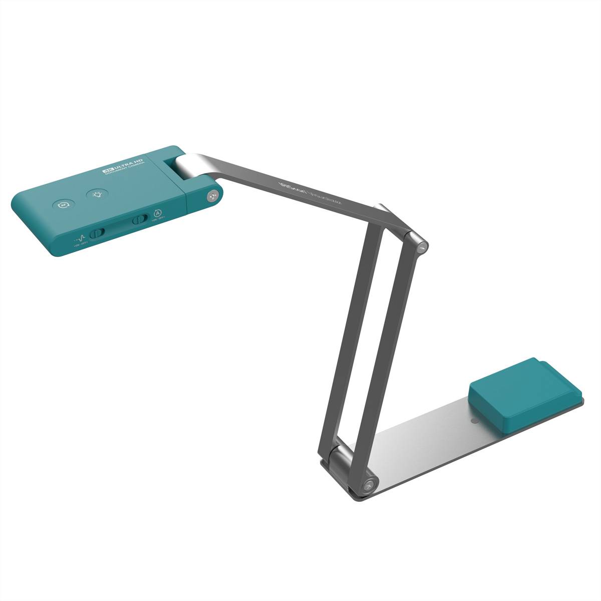 Moderne verstellbare Schreibtischleuchte mit rechteckigem Kopf und Fuß in Teal-Farbe, gezeigt in einer Produktansicht vor weißem Hintergrund.