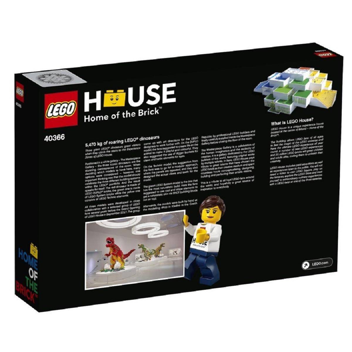 LEGO Haus „Zuhause des Steins" Set-Box, zeigt eine Minifigur und Dinosaurier-Ausstellung mit Produkttext und Modellnummer 40366.
