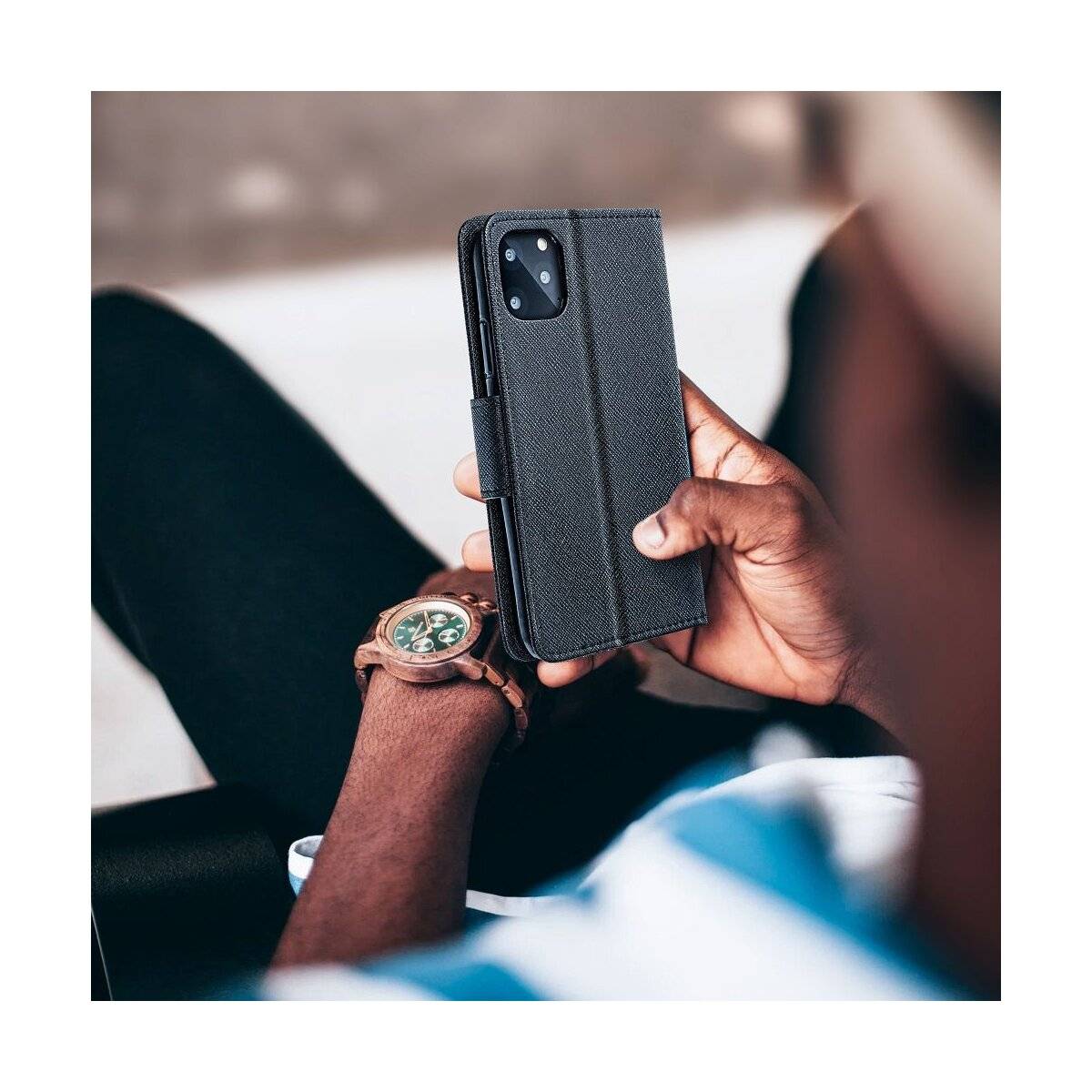 Buch Tasche "Fancy" kompatibel mit Motorola Moto G75 Schwarz
