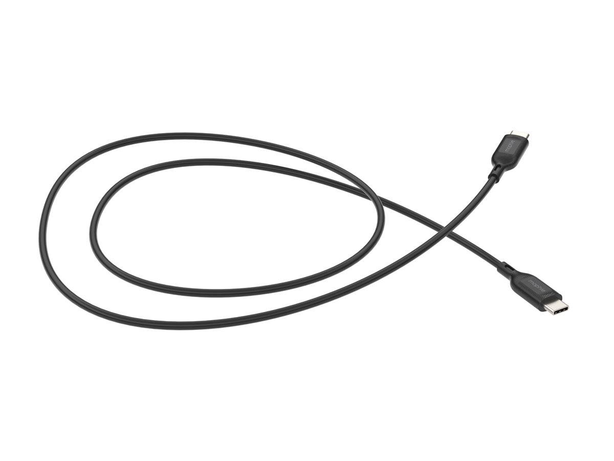 Ein schwarzes USB-Kabel, das zu einer losen Schlinge gerollt ist und beide Anschlüsse an den Enden zeigt, vor einem weißen Hintergrund.