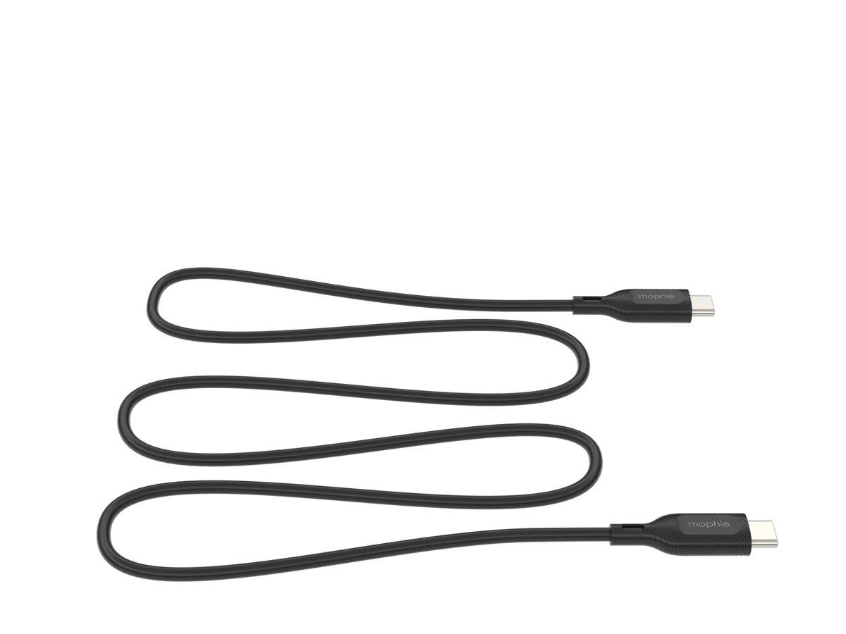 Ein langes, schwarzes USB-C-Ladekabel mit Anschlüssen an beiden Enden, entwickelt zum Aufladen von Geräten oder zur Datenübertragung.