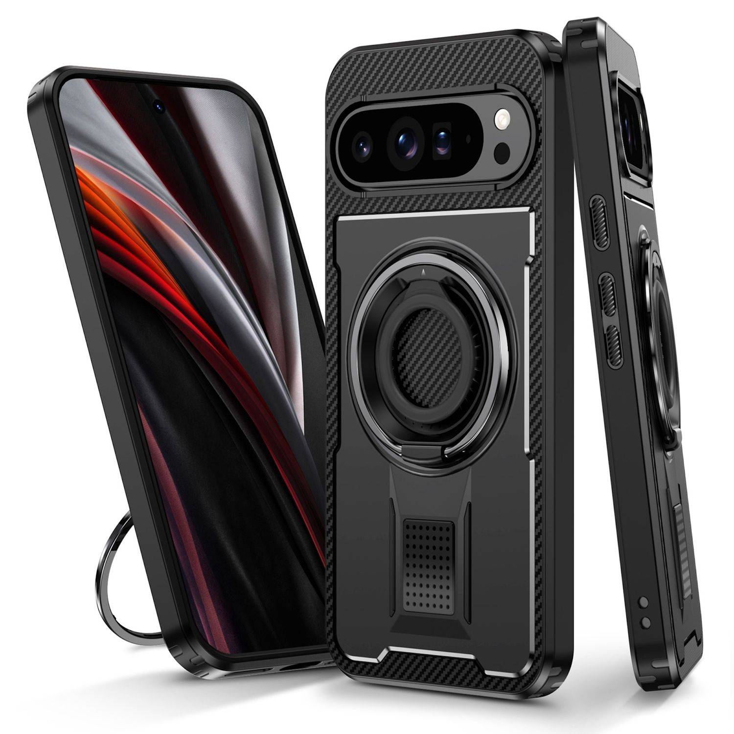 Für Google Pixel 9 Pro XL Carbonfaser Ringhalter Hybrid TPU Hülle Cover Schwarz