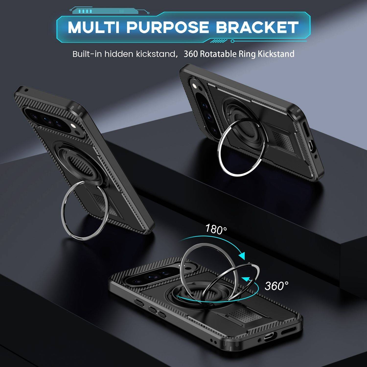 Für Google Pixel 9 Pro XL Carbonfaser Ringhalter Hybrid TPU Hülle Cover Schwarz