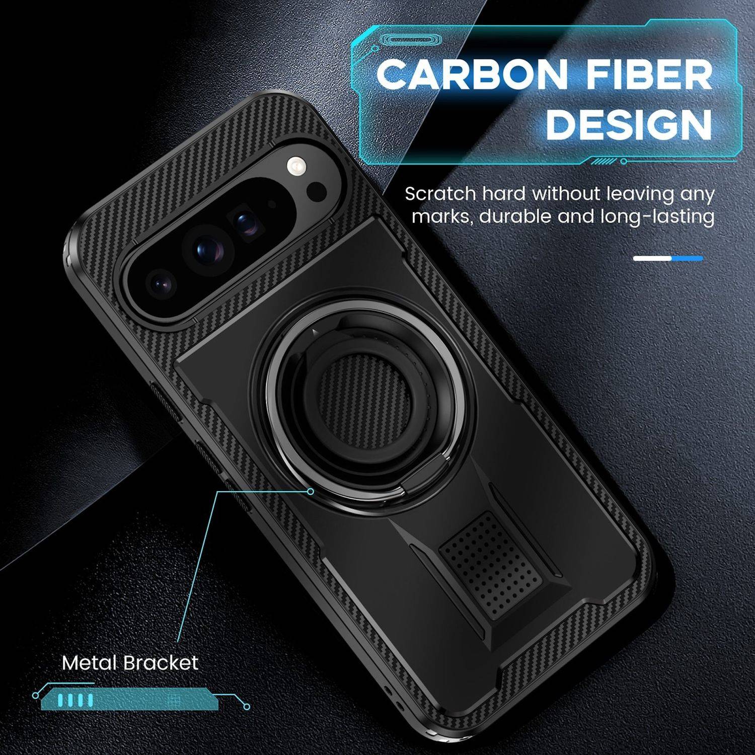 Für Google Pixel 9 Pro XL Carbonfaser Ringhalter Hybrid TPU Hülle Cover Schwarz
