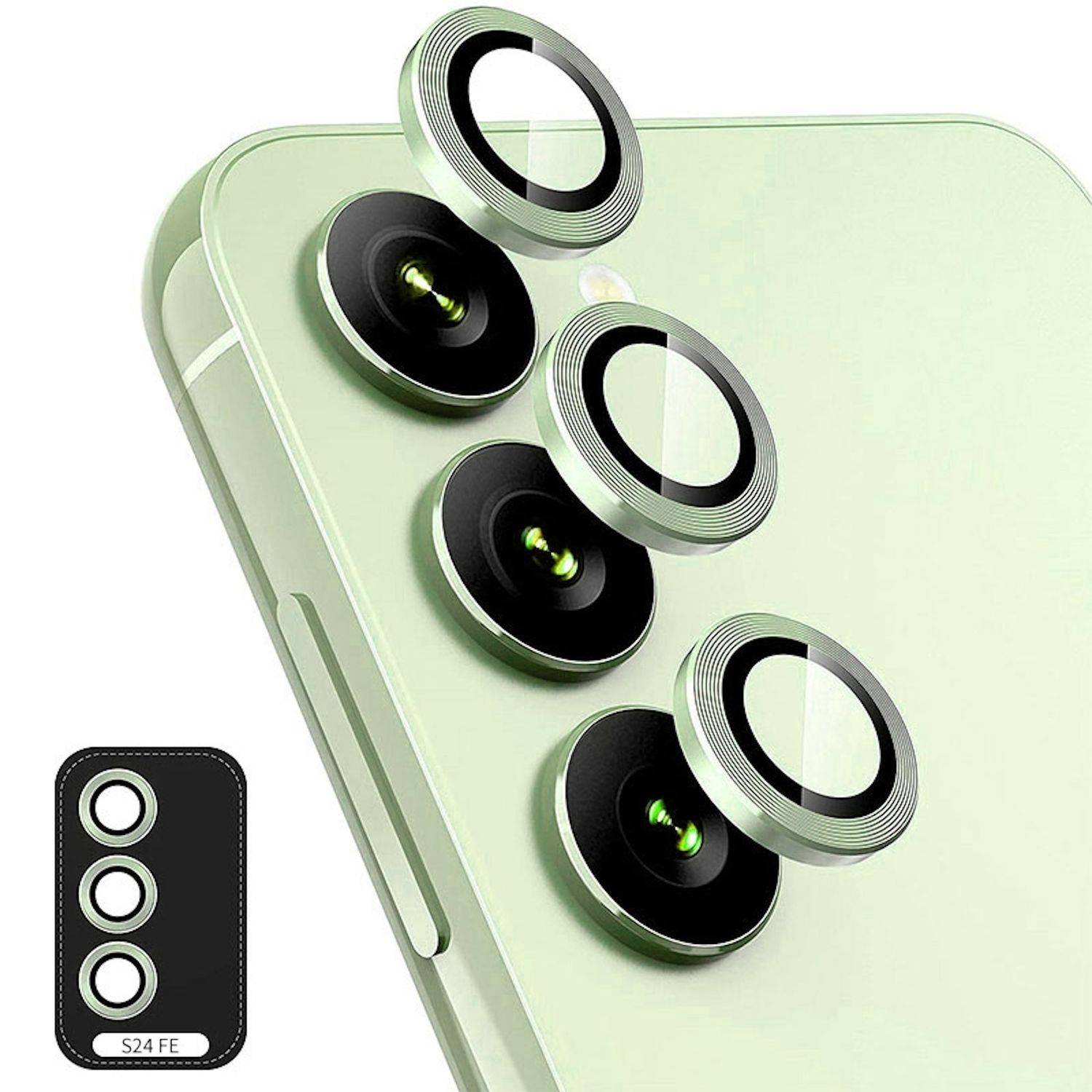 Für Samsung Galaxy S24 FE 5G Aluminium Ring Kamera + H9 Tempered Hart Glas Hellgrün