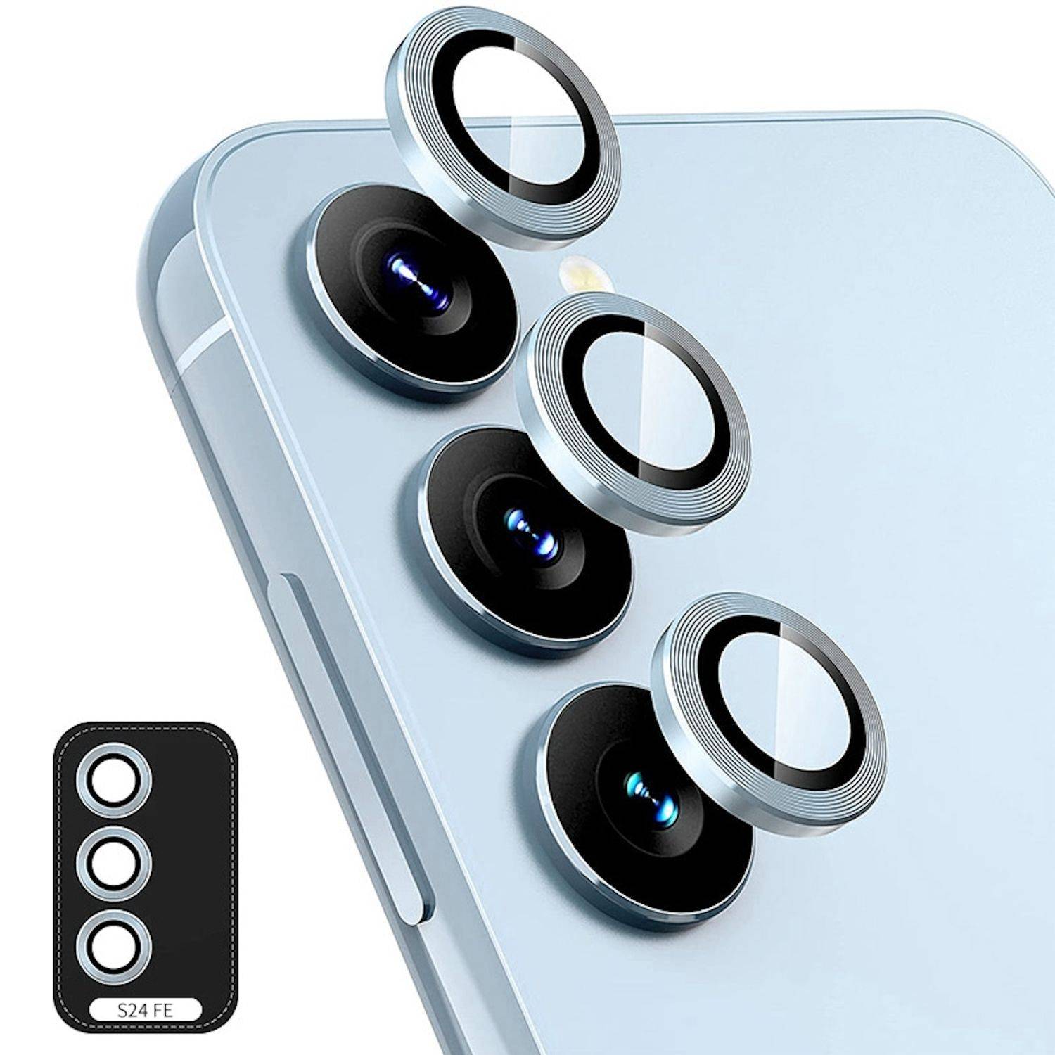 Für Samsung Galaxy S24 FE 5G Aluminium Ring Kamera + H9 Tempered Hart Glas Hellblau