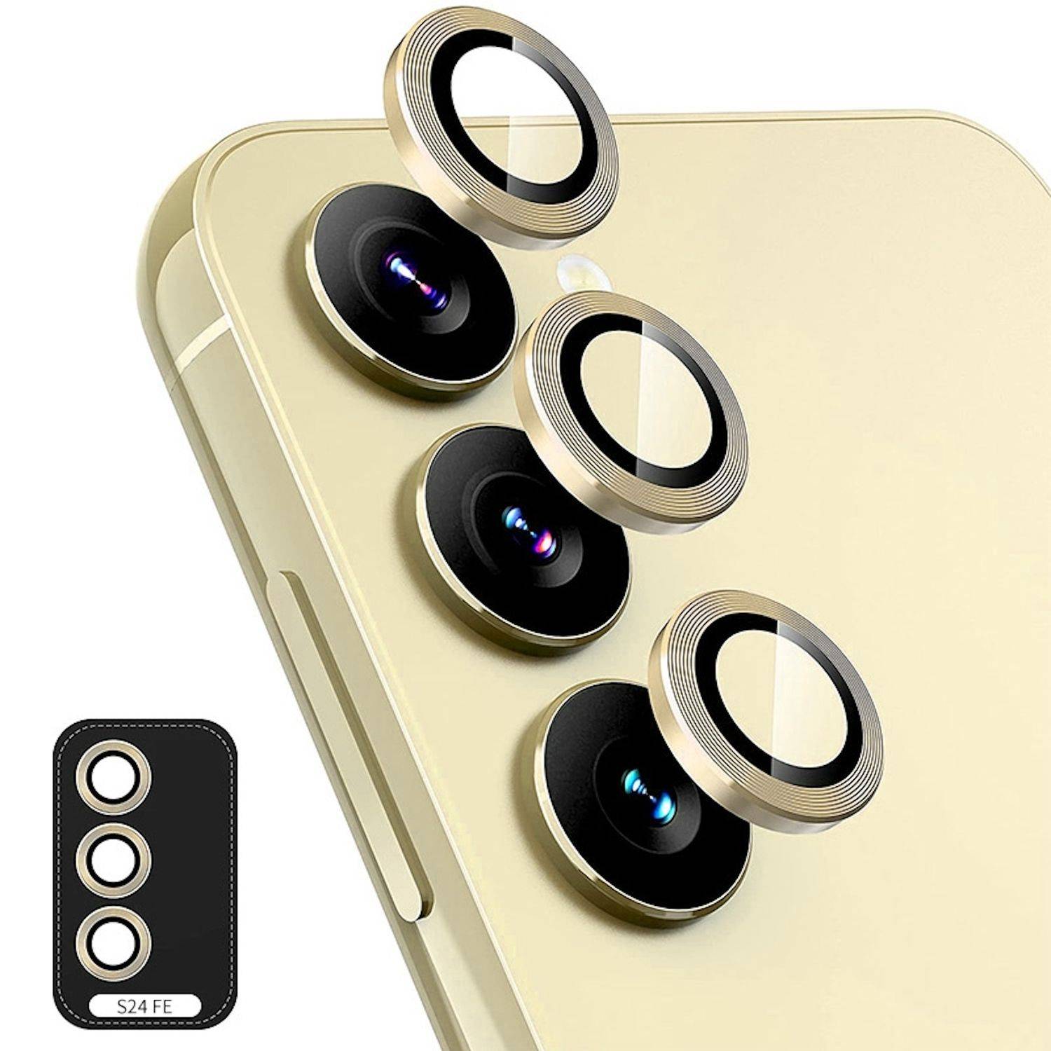 Für Samsung Galaxy S24 FE 5G Aluminium Ring Kamera + H9 Tempered Hart Glas Gold