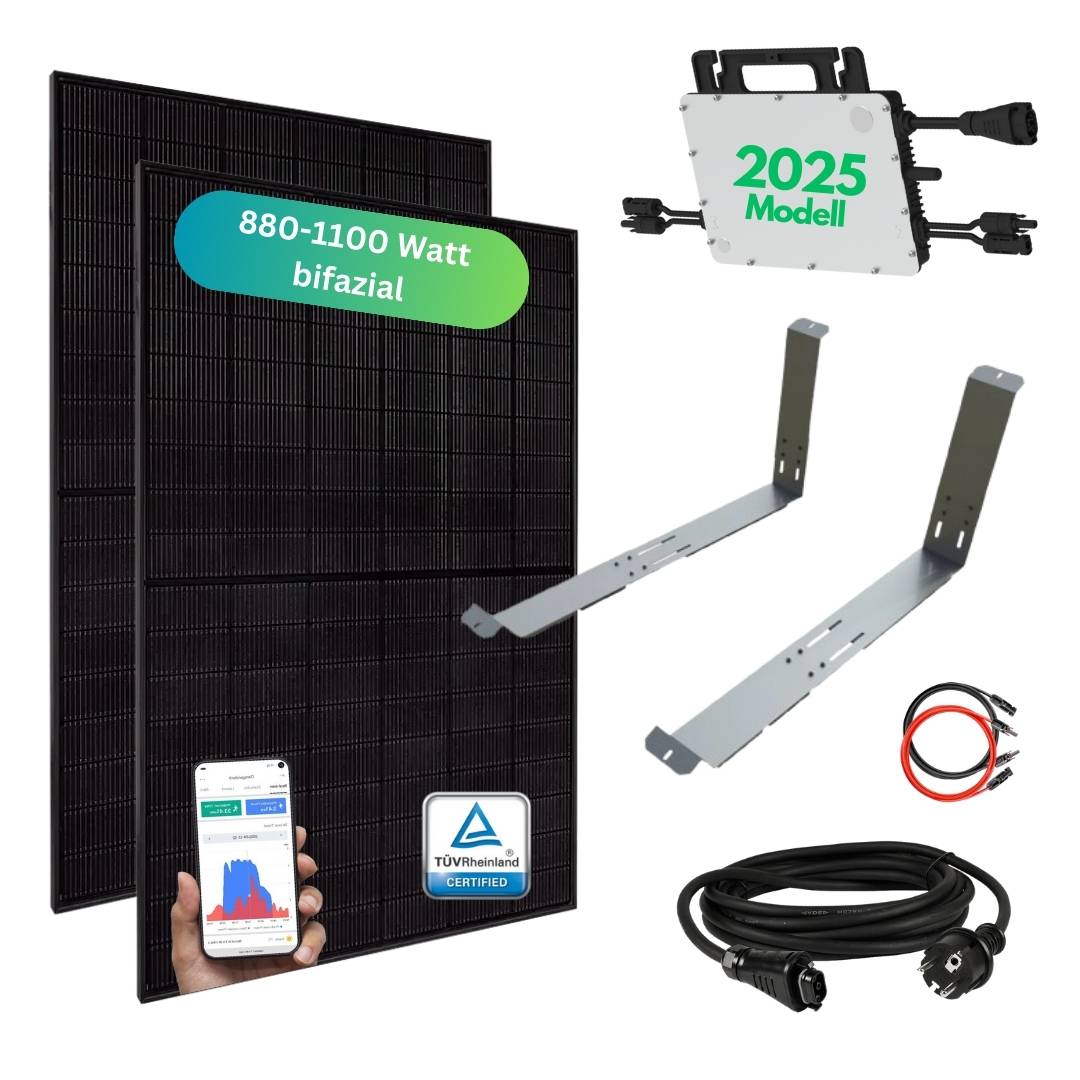 MYVOLTAICS Balkonkraftwerk MyCarport 880+ Watt mit Unterkonstruktion, bifazial, Hoymiles Wechselrichter WLAN 800 Watt, Steckerfertig - einstecken