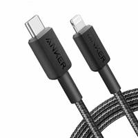 Zwei schwarze Anker-Markenkabel mit USB-C- und Lightning-Anschlüssen, die die Kompatibilität mit verschiedenen Ladeanschlüssen anzeigen.