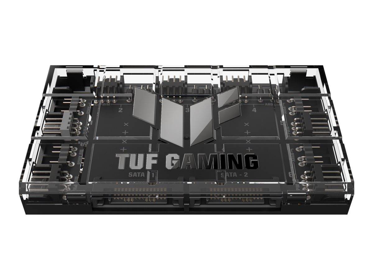 TUF Gaming Motherboard in einer Top-Down-Produktansicht mit schwarzem PCB, silbernen Kühlkörpern und doppelten M.2-Schutzabdeckungen.