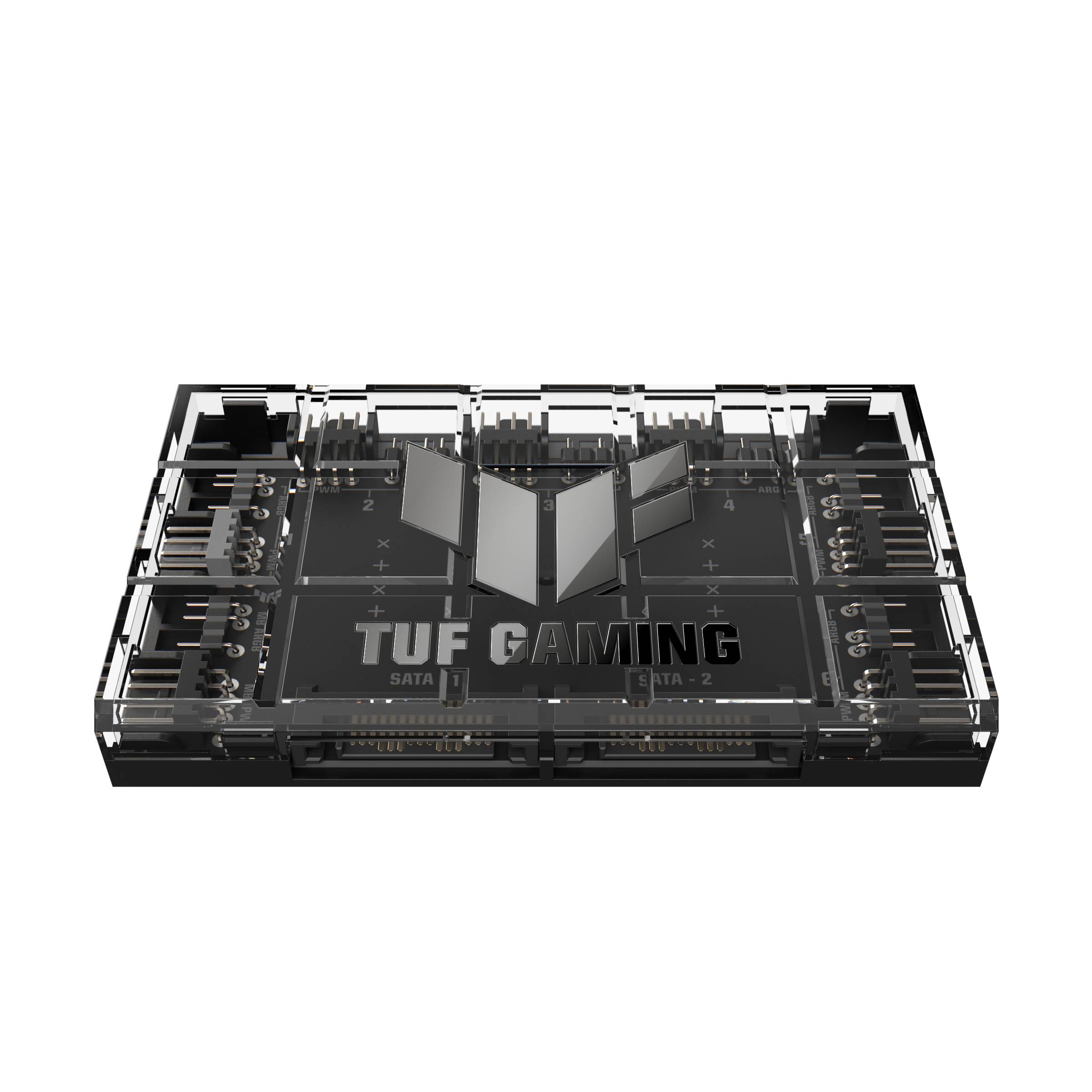 Transparentes TUF Gaming Computer-Motherboard von oben betrachtet, mit zentralem metallischem Logo und sichtbaren Komponentensteckplätzen und Anschlüssen.