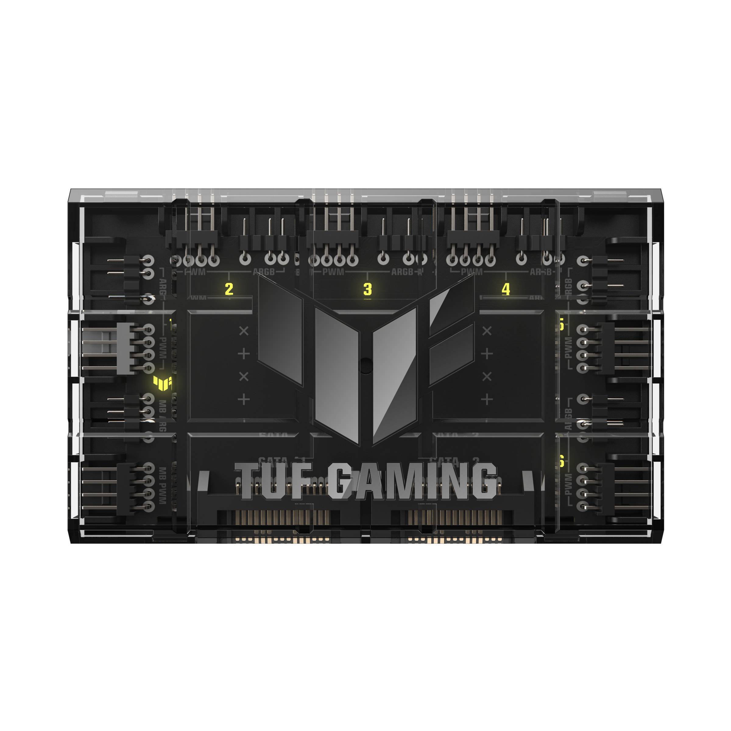 Draufsicht auf ein ASUS TUF GAMING Motherboard, das CPU, RAM, PCIe und das Stromverbinder-Layout in einem Schwarz-Grau-Design zeigt.