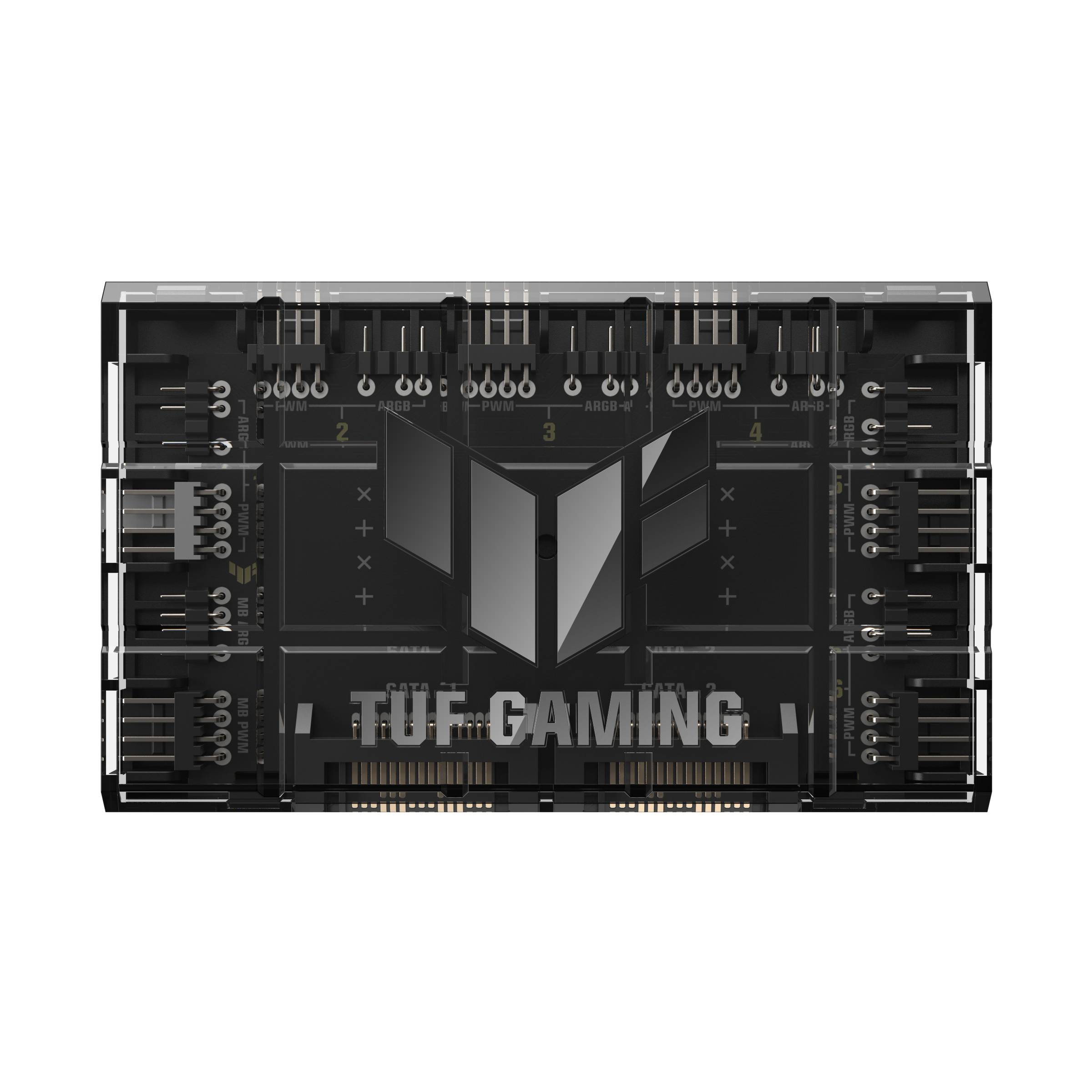 ASUS TUF Gaming Motherboard, Draufsicht, zeigt gekennzeichnete RAM- und Erweiterungssteckplatz-Bereiche mit mehreren hinteren E/A-Anschlüssen und 