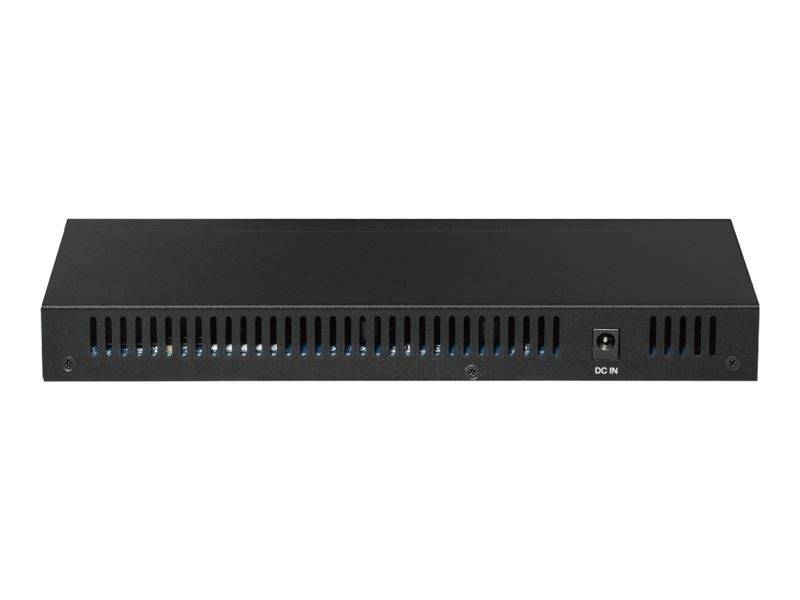 Frontansicht eines schwarzen elektronischen Geräts mit Lüftungsschlitzen und einem DC-Eingangsanschluss in der unteren rechten Ecke.