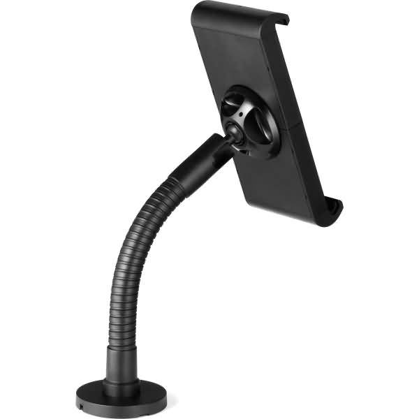 Schwarze verstellbare Saugnapf-Handyhalterung mit flexiblem Schwanenhals-Arm, die ein Smartphone in einer Halterung hält.