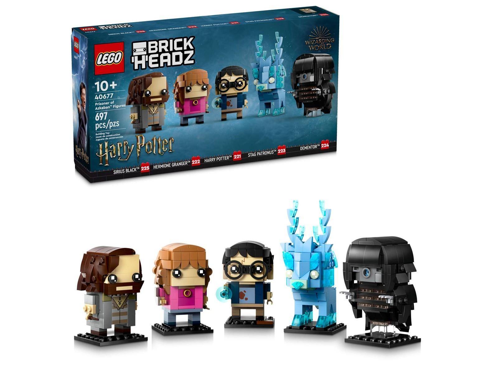 LEGO BrickHeadz Harry Potter Set Schachtel und fertig gebaute Figuren, zeigend fünf Charaktere: Harry Potter, Hermine Granger, Ron Weasley, Luna Lovegood und der Dementor.
