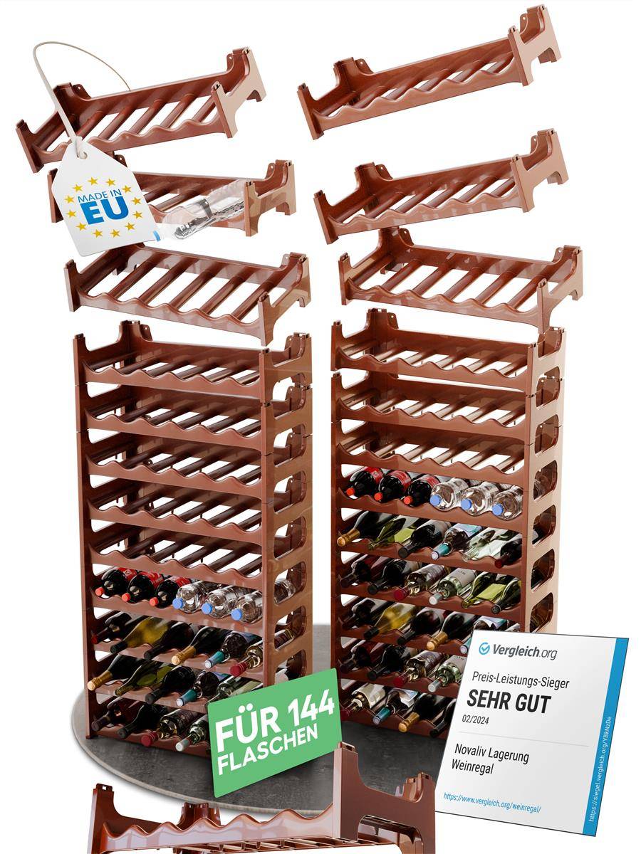 Novaliv Flaschenregal für 144 Flaschen | Weinregal braun | Regal aus stabilem Kunststoff, stapelbar (Braun, 24)