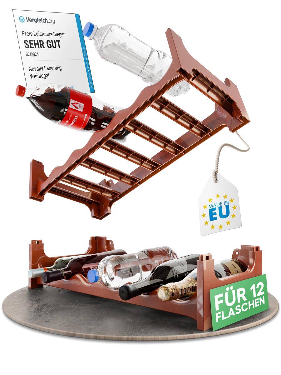 Novaliv Flaschenregal für 12 Flaschen | Weinregal braun | Regal aus stabilem Kunststoff, stapelbar (Braun, 2)