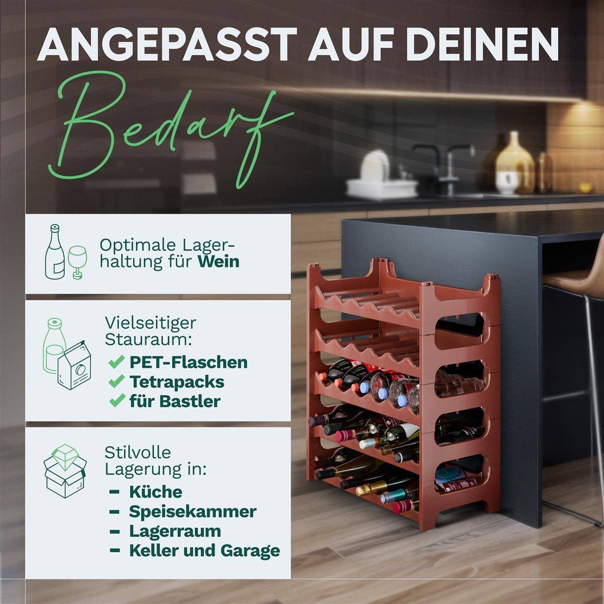 Novaliv Flaschenregal für 144 Flaschen | Weinregal braun | Regal aus stabilem Kunststoff, stapelbar (Braun, 24)