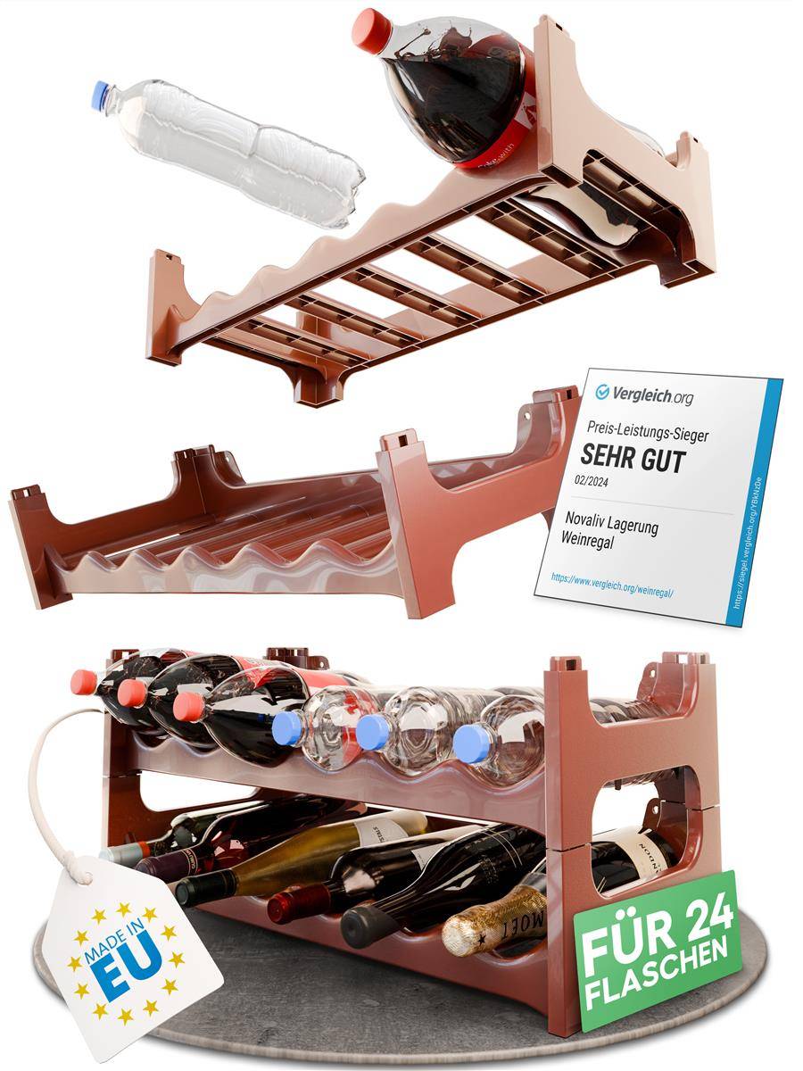 Novaliv Flaschenregal für 24 Flaschen | Weinregal braun | Regal aus stabilem Kunststoff, stapelbar (Braun, 4)