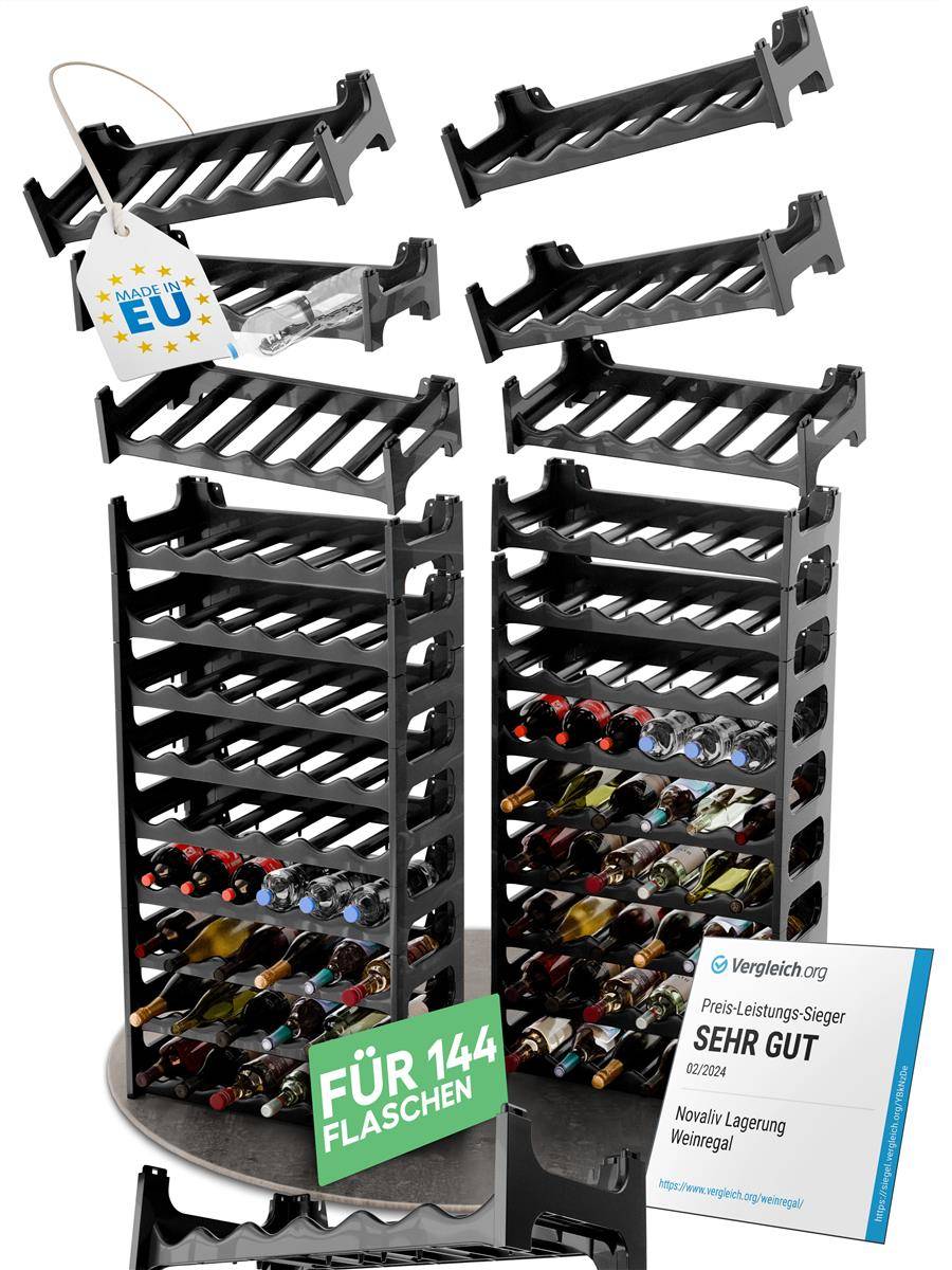Novaliv Flaschenregal für 144 Flaschen | Weinregal grau | Regal aus stabilem Kunststoff, stapelbar (Anthrazit, 24)