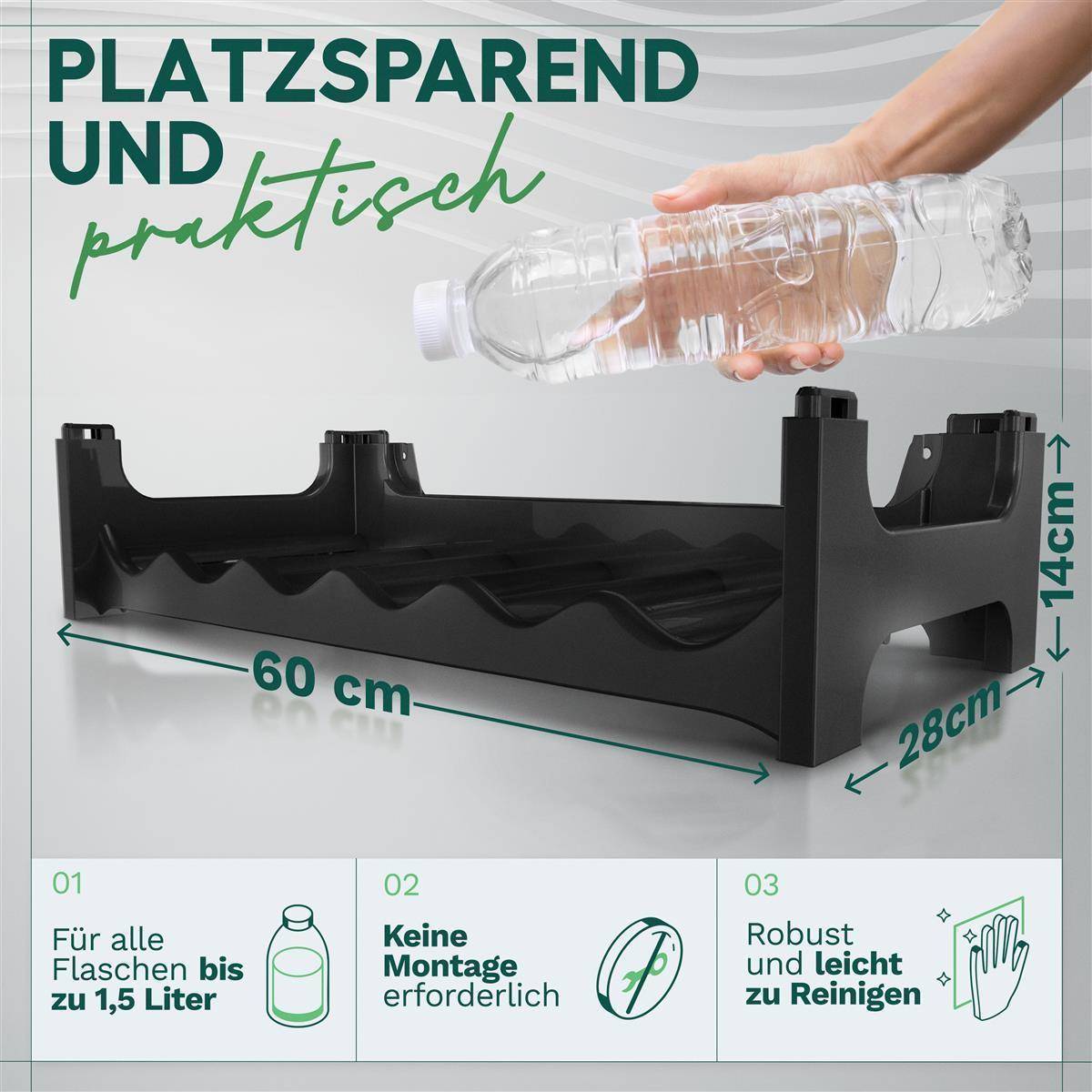 Ein schwarzer, stapelbarer Flaschenhalter für 1,5-Liter-Flaschen, der platzsparende Eigenschaften aufweist. Maße: 60 cm x 28 cm x 14 cm. Keine Montage erforderlich.