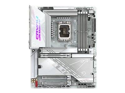 Eine Computermotherboard mit mehreren Steckplätzen für RAM, einem CPU-Sockel und verschiedenen Anschlüssen für Komponenten, mit RGB-Beleuchtungsakzenten.
