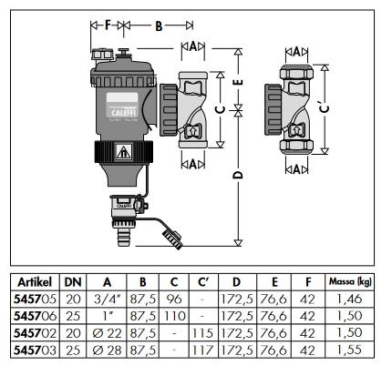 # Technische Maßzeichnung eines Caleffi-Geräts mit beschrifteten Messungen A, B, C, C', D, E und F, sowie eine Tabelle mit Artikelnummern, DN-Größen und Massen.