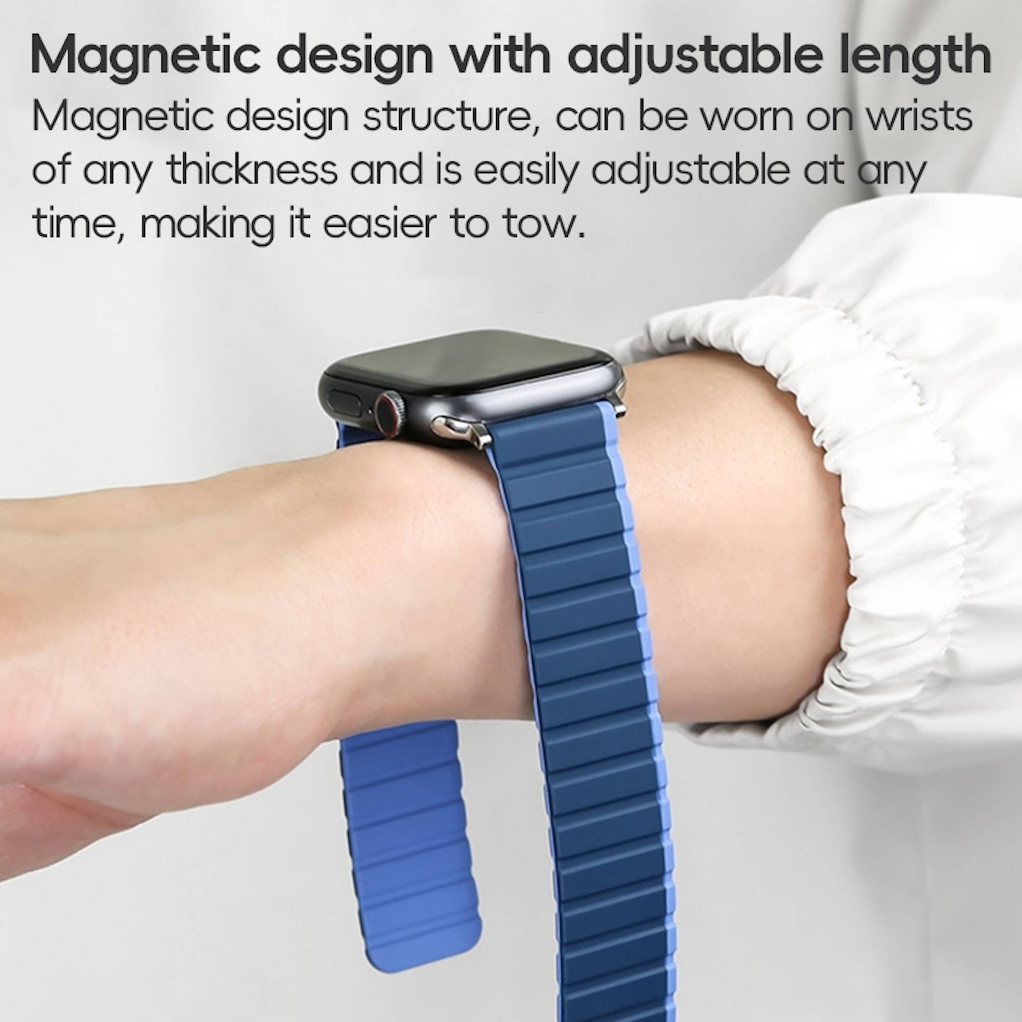 Apple Watch mit blauem Magnetarmband um ein Handgelenk gewickelt, zeigt verstellbare Länge und einfaches Anziehen; Überschrift sagt „Magnetisches Design mit verstellbarer Länge