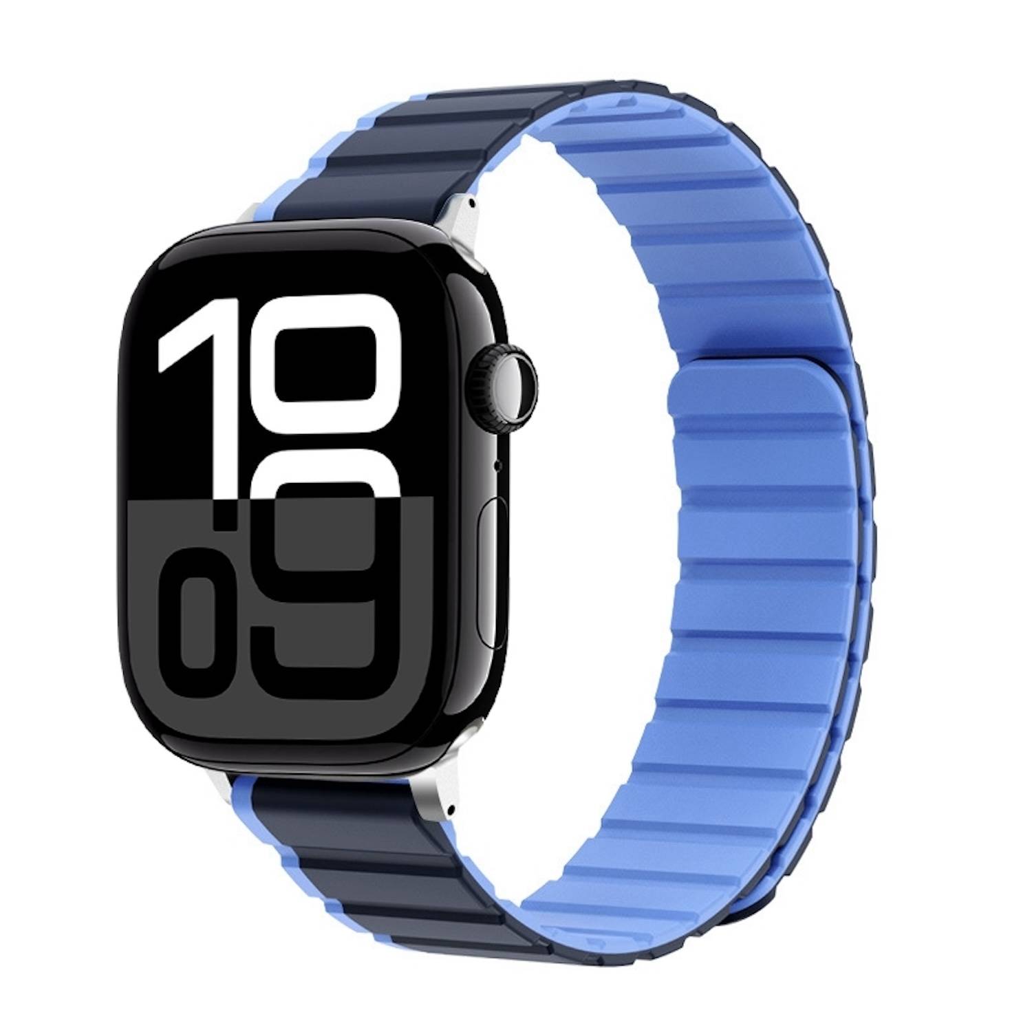 Für Apple Watch Series 10 46mm / 9 8 7 45 / 6 SE 5 4 44mm Zweifarbiges Magnetisches Silikon Armband Blau