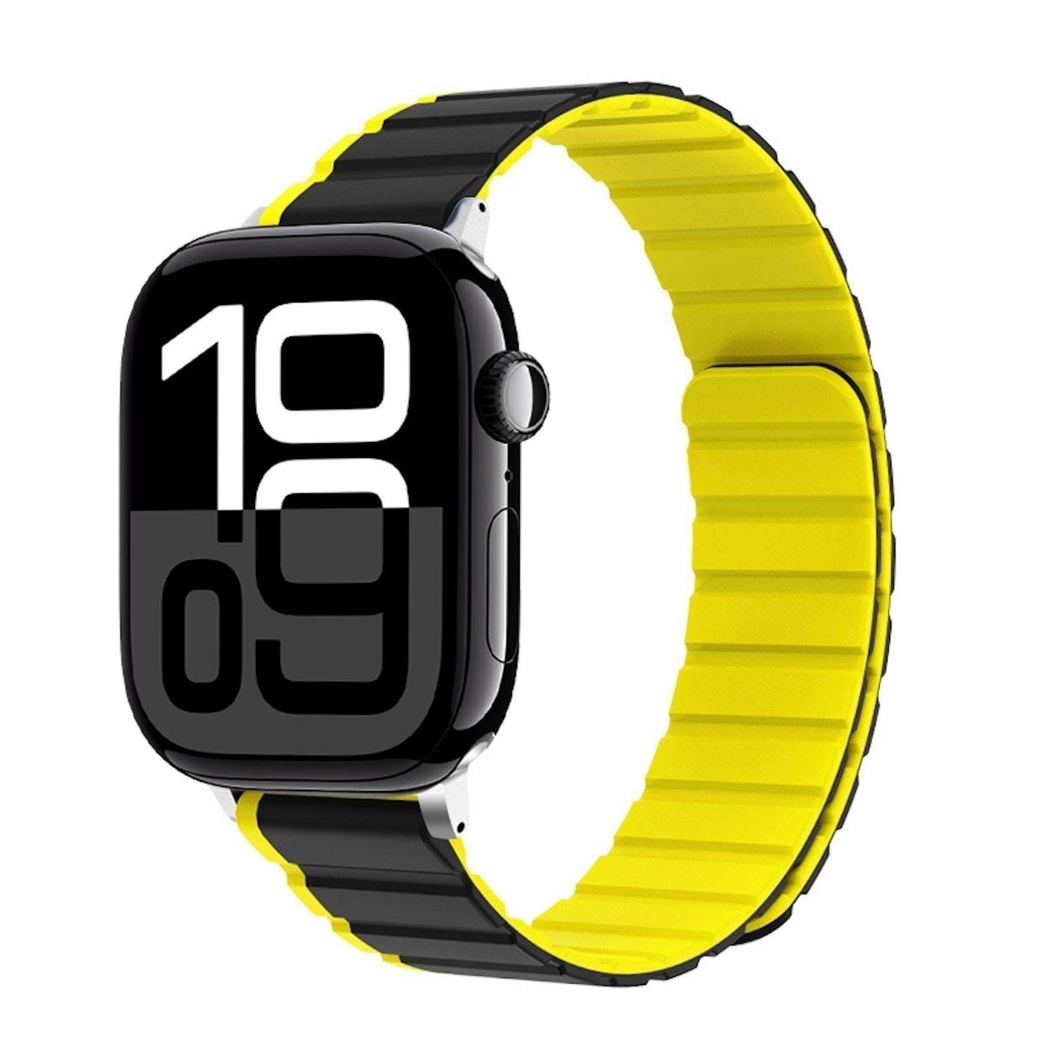 Für Apple Watch Series 10 42mm / 9 8 7 41 / 6 SE 5 4 40mm Zweifarbiges Magnetisches Silikon Armband Gelb