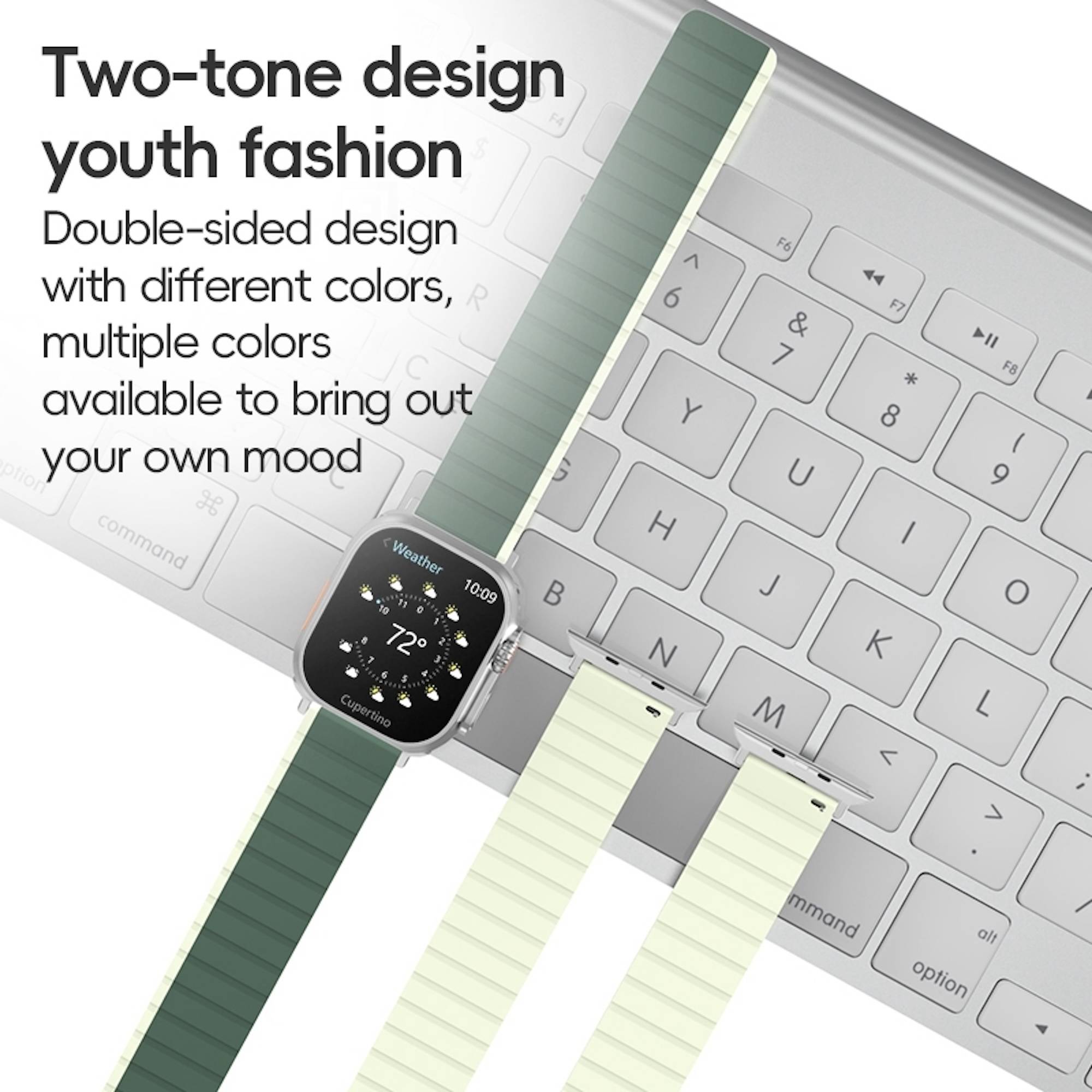 Werbebild von zweifarbigen Smartwatch-Bändern für Jugendliche in Dunkelgrün und Hellgrün, gezeigt über einer Laptop-Tastatur mit Text über das beidseitige Design und Farboptionen.