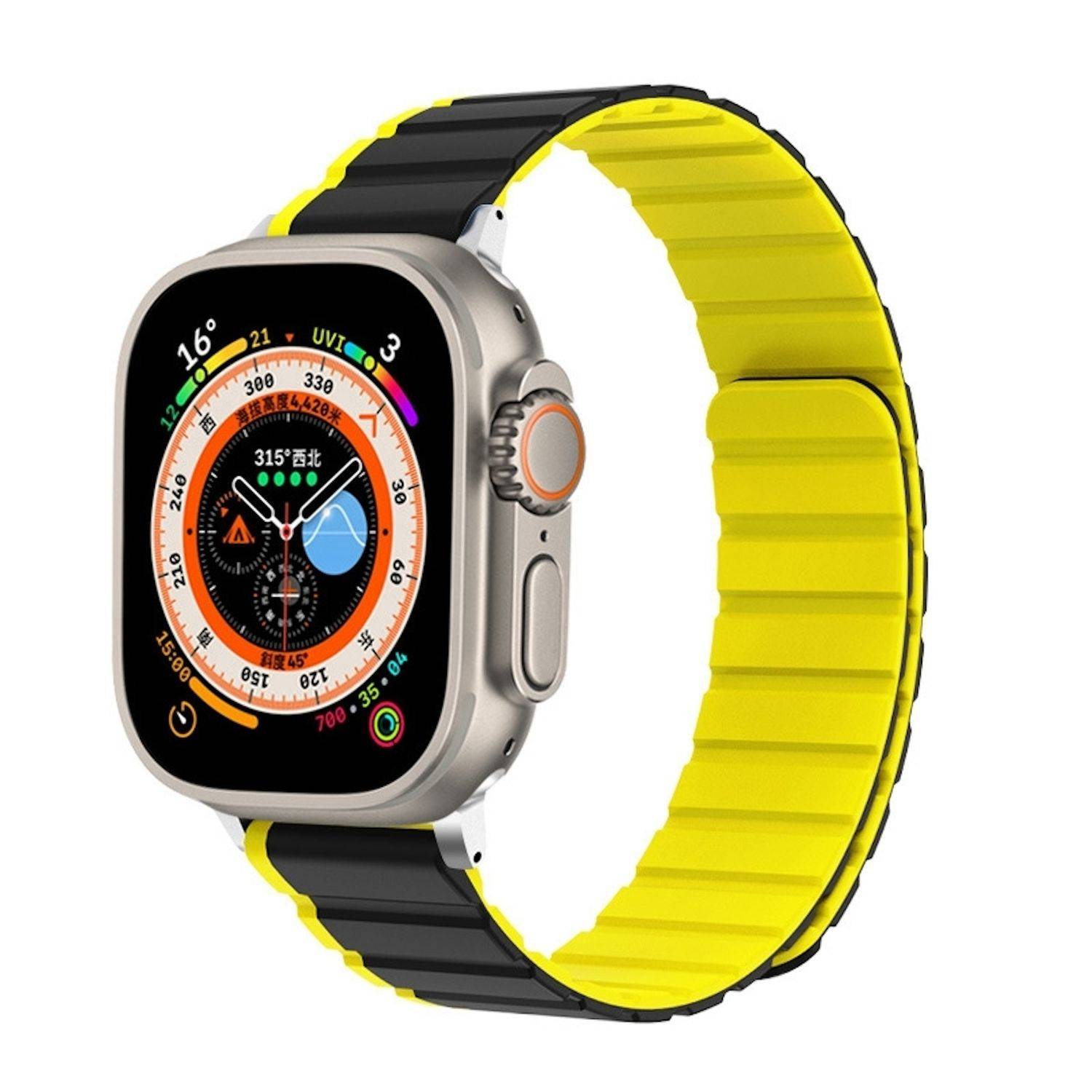 Für Apple Watch Ultra 2 / 1 49mm Zweifarbiges Magnetisches Silikon Armband Gelb