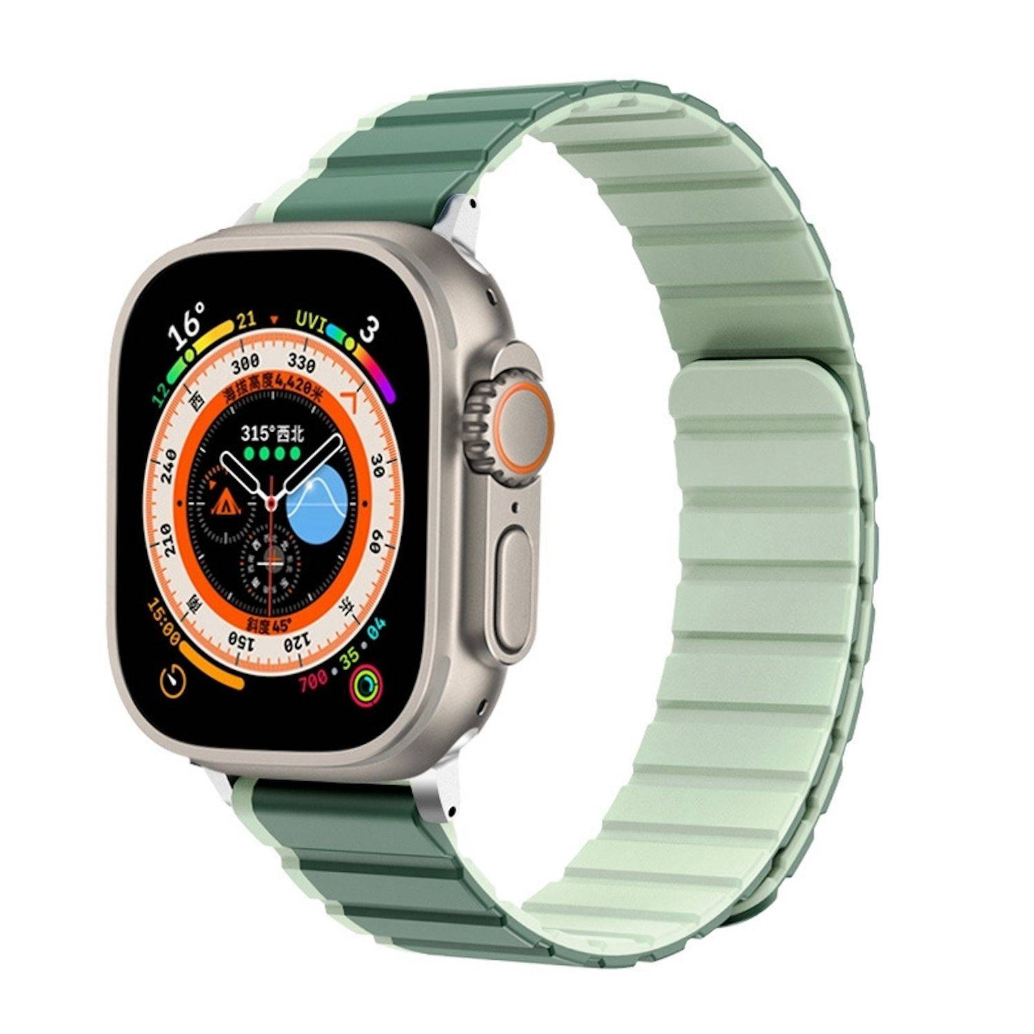 Für Apple Watch Ultra 2 / 1 49mm Zweifarbiges Magnetisches Silikon Armband Grün
