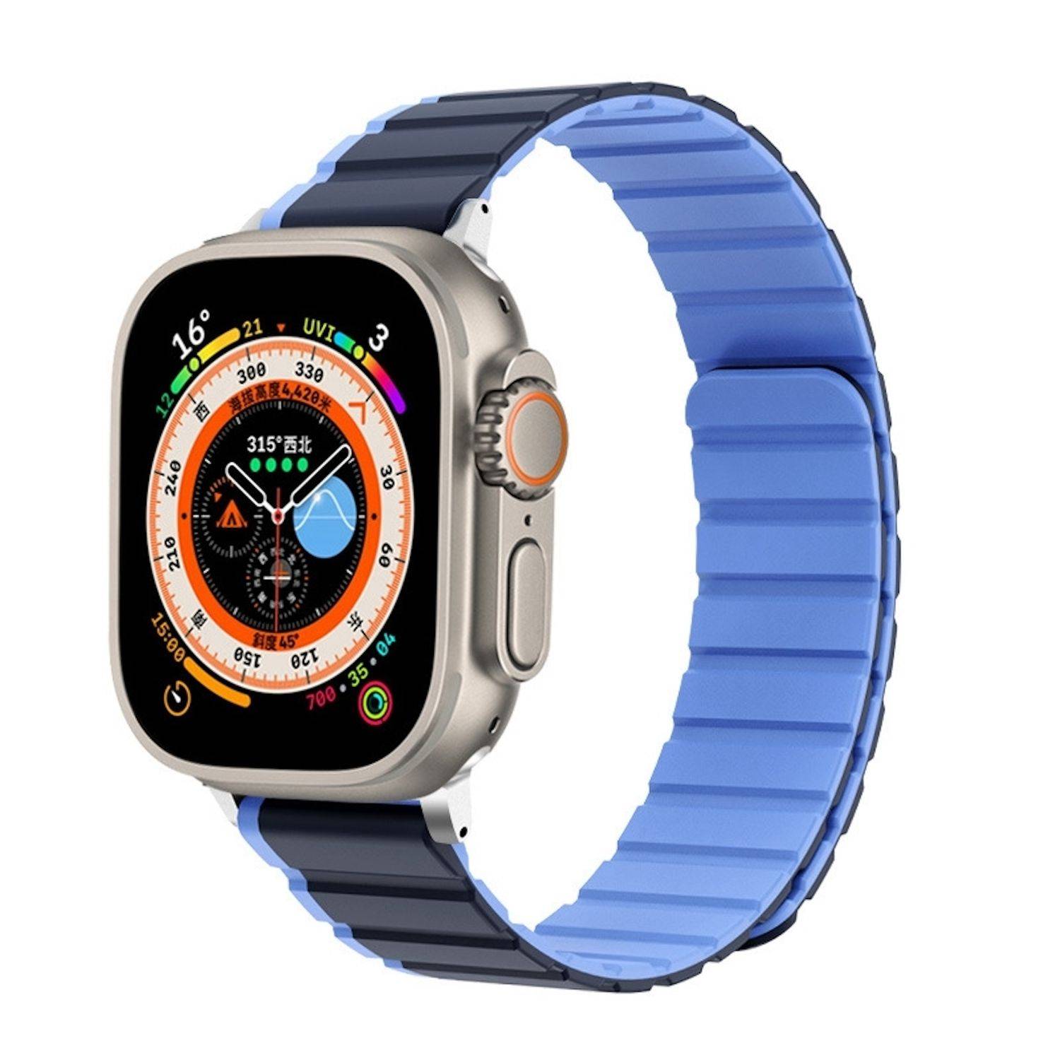 Für Apple Watch Ultra 2 / 1 49mm Zweifarbiges Magnetisches Silikon Armband Blau