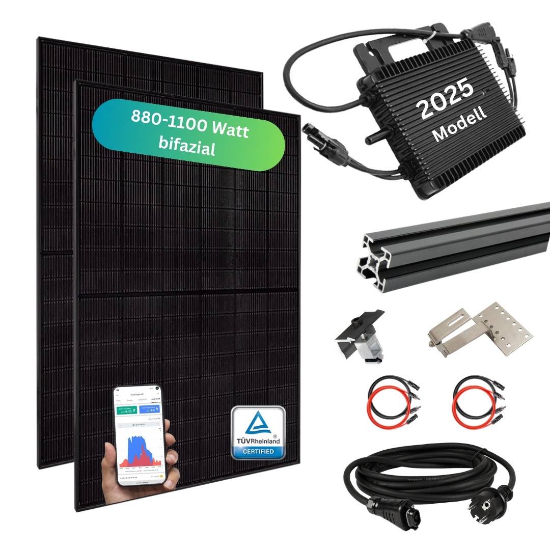 MYVOLTAICS Balkonkraftwerk MyPfannendach 880+ Watt mit Unterkonstruktion für Schrägdach, bifazial, Hoymiles Wechselrichter WLAN 800 Watt, Steckerfer