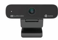 Schwarze USB-Webcam mit zentraler Linse und Datenschutz-Montageklammer, mit den Marken „AOC audio codes