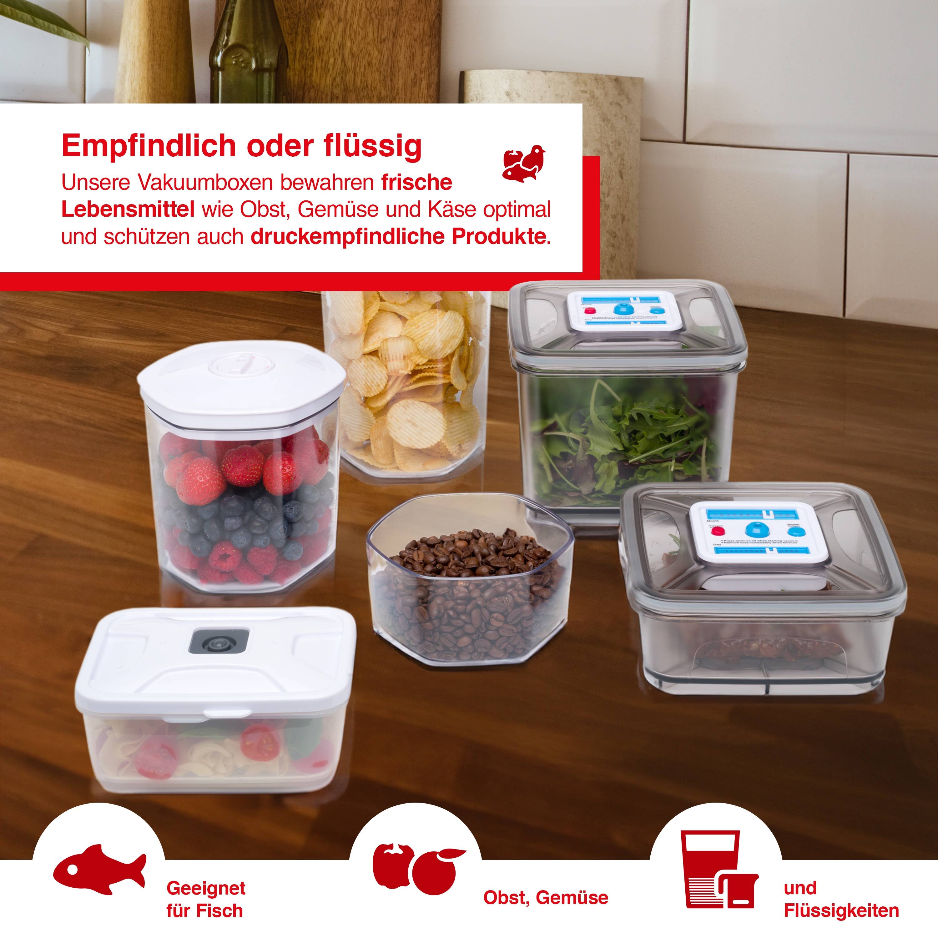 Solis Vakuumierbehälter-Set 3 Stück, 700/1400/2000 ml, Vakuumieren/ Marinieren