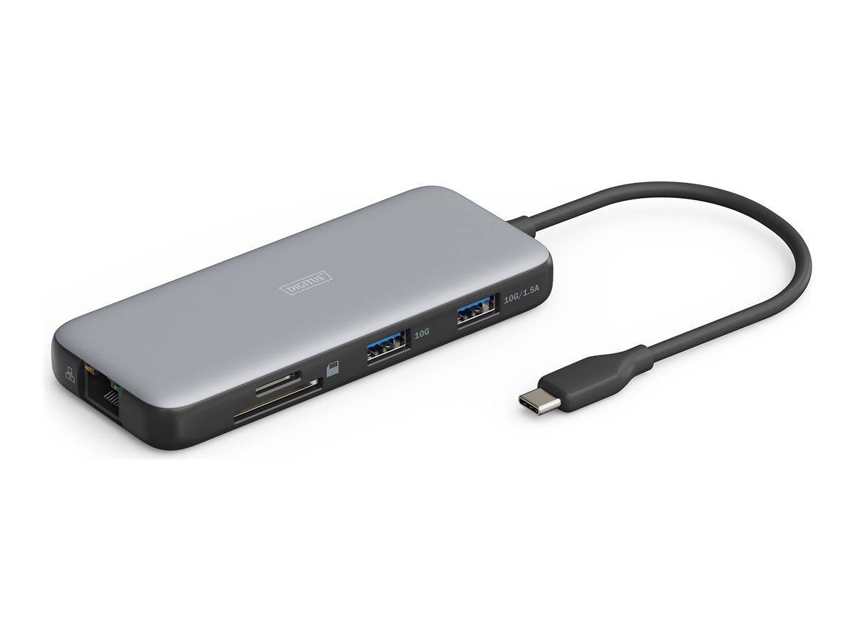 USB-C Hub-Adapter mit Ethernet-Anschluss, SD-Kartensteckplätzen, zwei USB-A-Anschlüssen und angeschlossenem USB-C-Kabel auf weißem Hintergrund