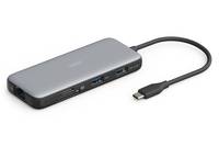 USB-C Laptop-Dockingstation mit angeschlossenem Kabel und mehreren USB-Anschlüssen auf weißem Hintergrund