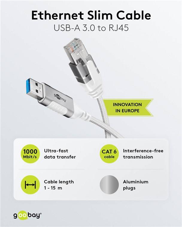 Ethernet-Kabel USB-A 3.0 auf RJ45, Slim, 1,5 m