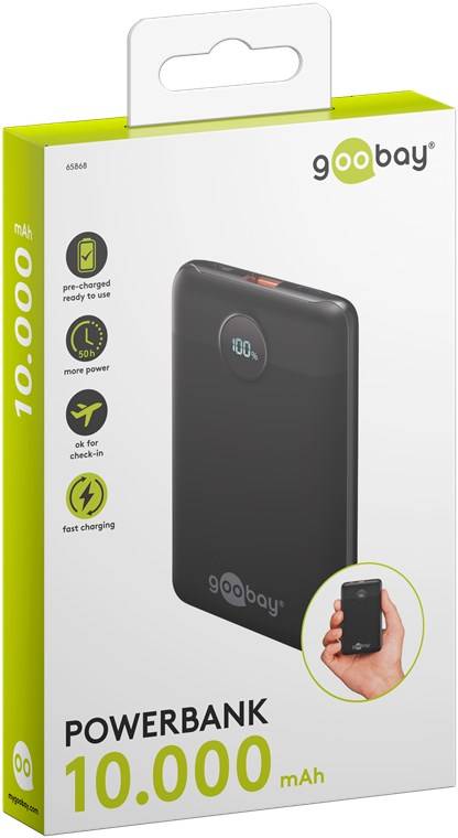 Goobay Powerbank, USB-C, USB-A, Power Delivery, Quick Charge, LED-Anzeige, schwarz, 22,5W, 3A, 5V - Kapazität: 10000 mAh