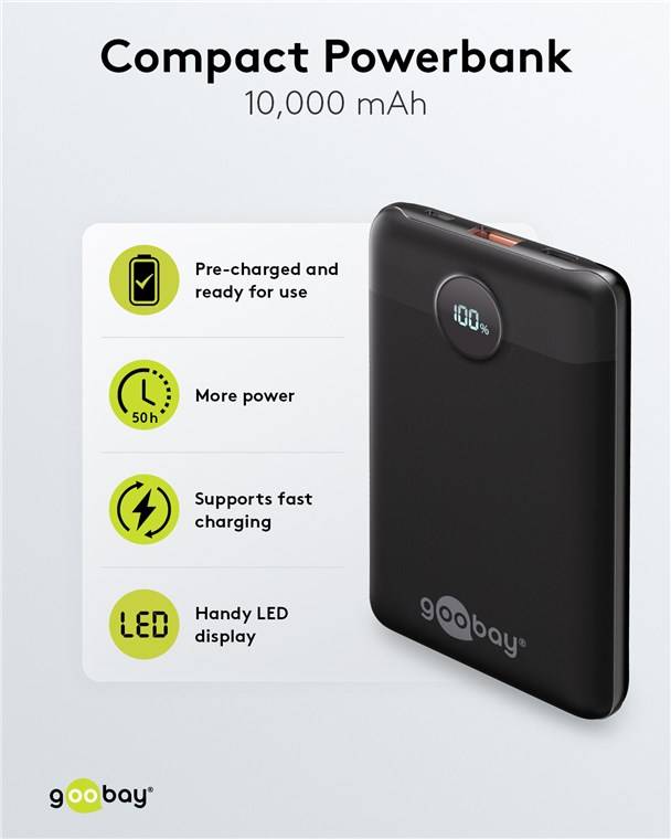 Goobay Powerbank, USB-C, USB-A, Power Delivery, Quick Charge, LED-Anzeige, schwarz, 22,5W, 3A, 5V - Kapazität: 10000 mAh