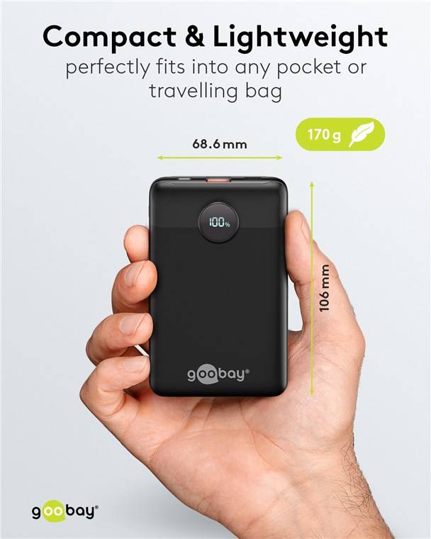 Goobay Powerbank, USB-C, USB-A, Power Delivery, Quick Charge, LED-Anzeige, schwarz, 22,5W, 3A, 5V - Kapazität: 10000 mAh