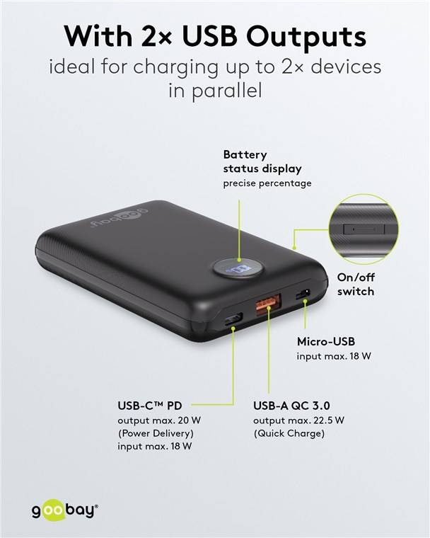 Goobay Powerbank, USB-C, USB-A, Power Delivery, Quick Charge, LED-Anzeige, schwarz, 22,5W, 3A, 5V - Kapazität: 10000 mAh