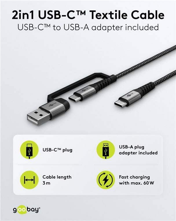 2in1 USB-Textilkabel, spacegrau/silber, 3 m