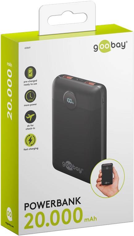 Goobay Powerbank, USB-C, USB-A, Power Delivery, Quick Charge, LED-Anzeige, schwarz, 22,5W, 3A, 5V - Kapazität: 20000 mAh