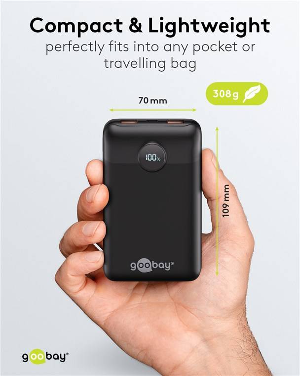 Goobay Powerbank, USB-C, USB-A, Power Delivery, Quick Charge, LED-Anzeige, schwarz, 22,5W, 3A, 5V - Kapazität: 20000 mAh