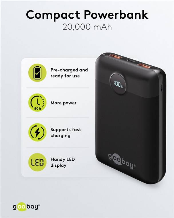 Goobay Powerbank, USB-C, USB-A, Power Delivery, Quick Charge, LED-Anzeige, schwarz, 22,5W, 3A, 5V - Kapazität: 20000 mAh