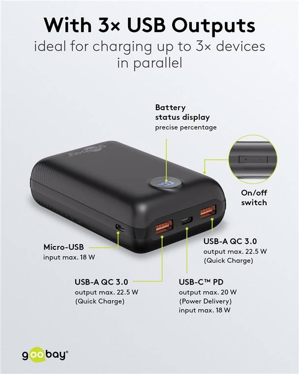 Goobay Powerbank, USB-C, USB-A, Power Delivery, Quick Charge, LED-Anzeige, schwarz, 22,5W, 3A, 5V - Kapazität: 20000 mAh
